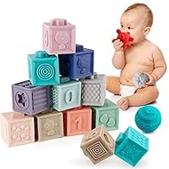 Baby Blocks 15PCS with Toddlers Sensory Balls-Soft Stacking Blocks Colorful Montessori Toys for Babies 6-12 Months and up Educational Developing Infants Teething Toys with Numbers Animals Shapes
